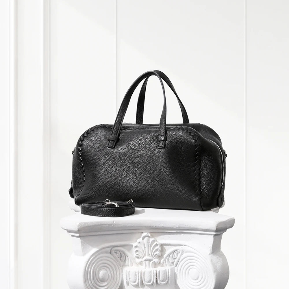 Small Boston Leather Tote Bag,Black