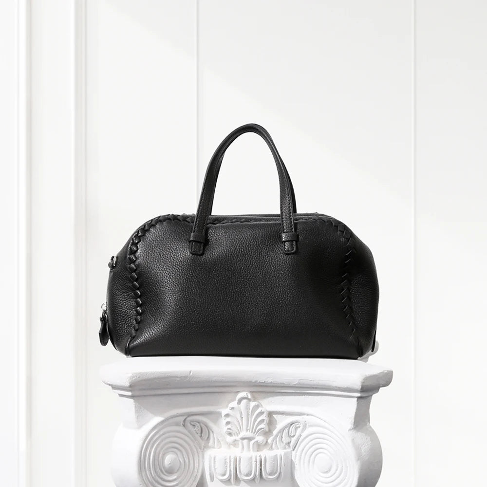 Small Boston Leather Tote Bag,Black