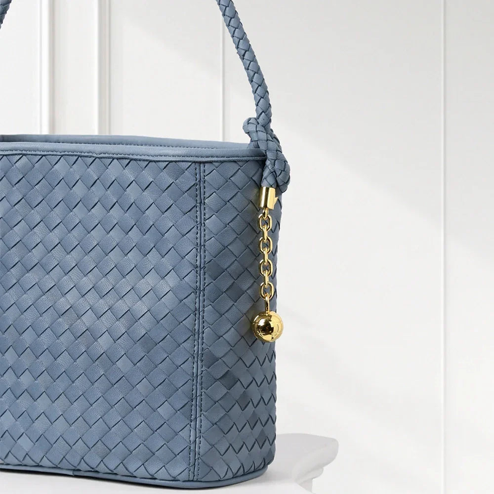Elegant Woven Leather Bucket Bag – Chic Brown and Blue Tone Shoulder Tote for Women
