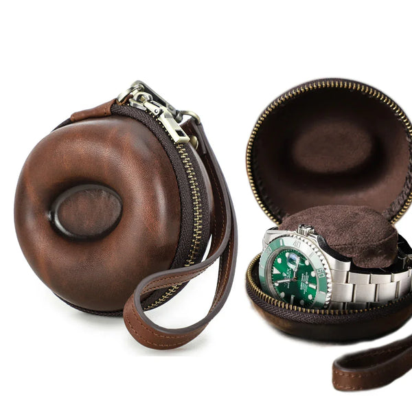 Travel Watch Case, Single Watch Box Cushioned Round and Portable,Cowhide