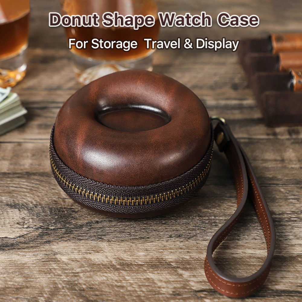 Travel Watch Case, Single Watch Box Cushioned Round and Portable,Cowhide