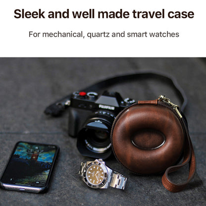 Travel Watch Case, Single Watch Box Cushioned Round and Portable,Cowhide