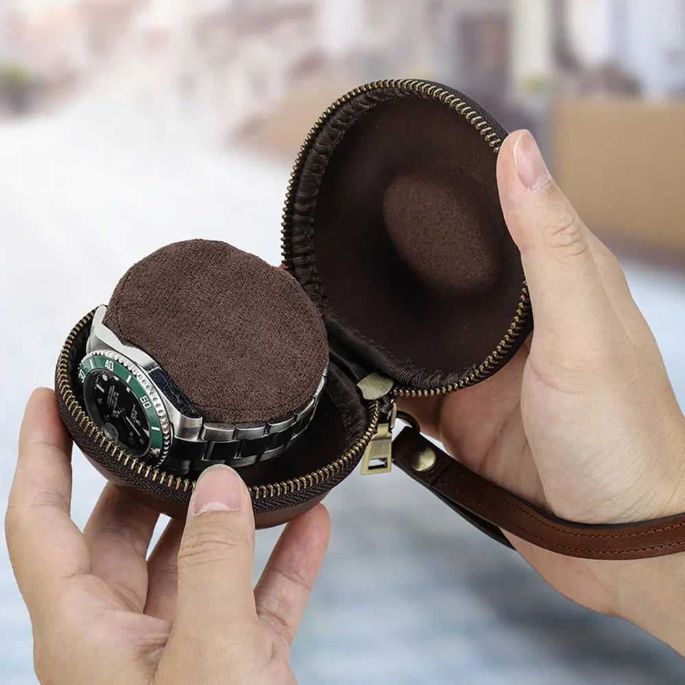 旅行用腕時計ケース、クッション付き丸型で持ち運びに便利なシングルウォッチボックス、牛革製