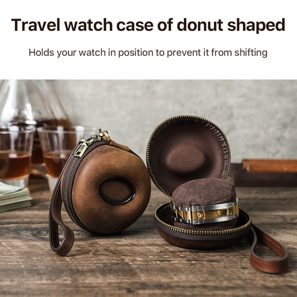 Travel Watch Case, Single Watch Box Cushioned Round and Portable,Cowhide