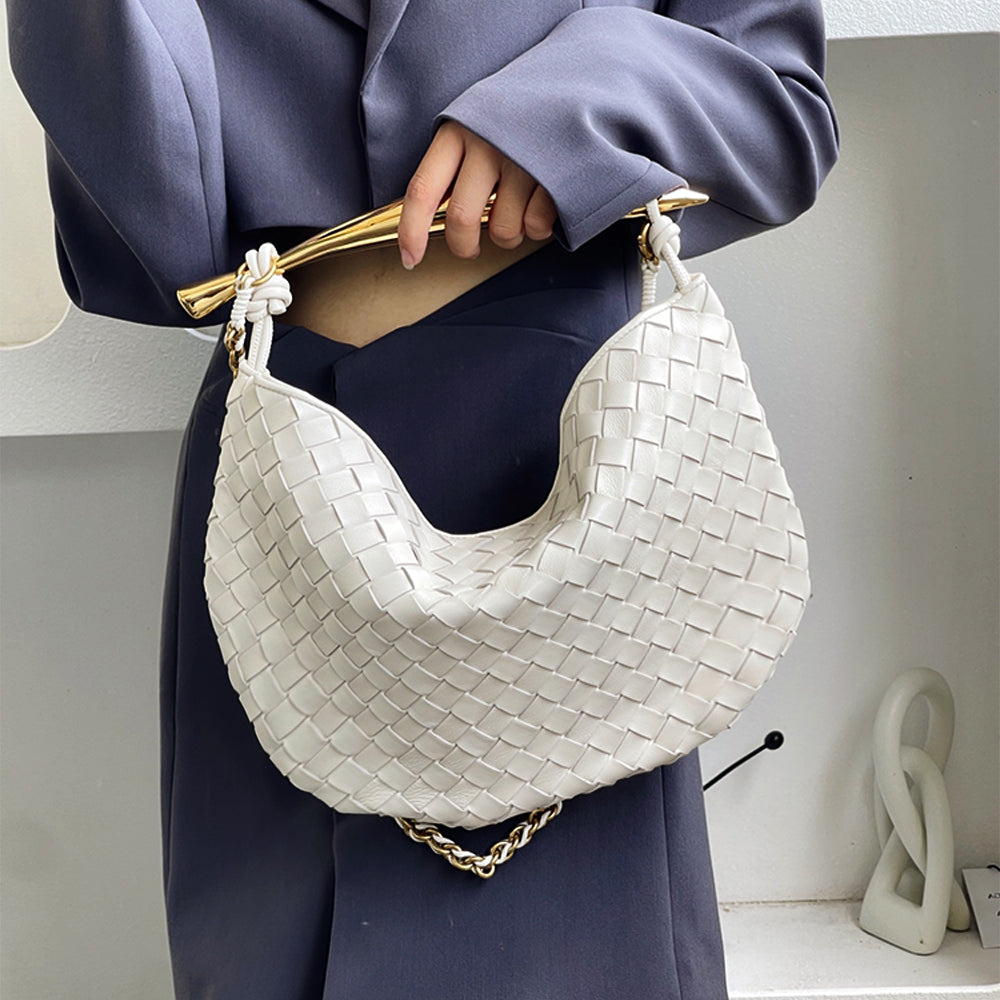 Leather Weave Top Handle Women Shoulder Bag ,White