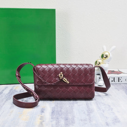 Woven leather handle clutch with metallic knot closure party handbag ,Burgundy