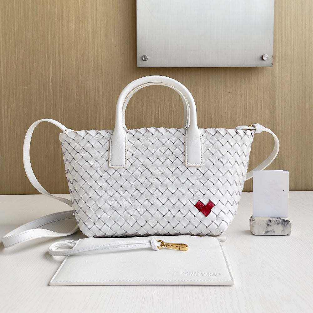 Cabat Mini Woven Lambskin Leather Tote Bag, White