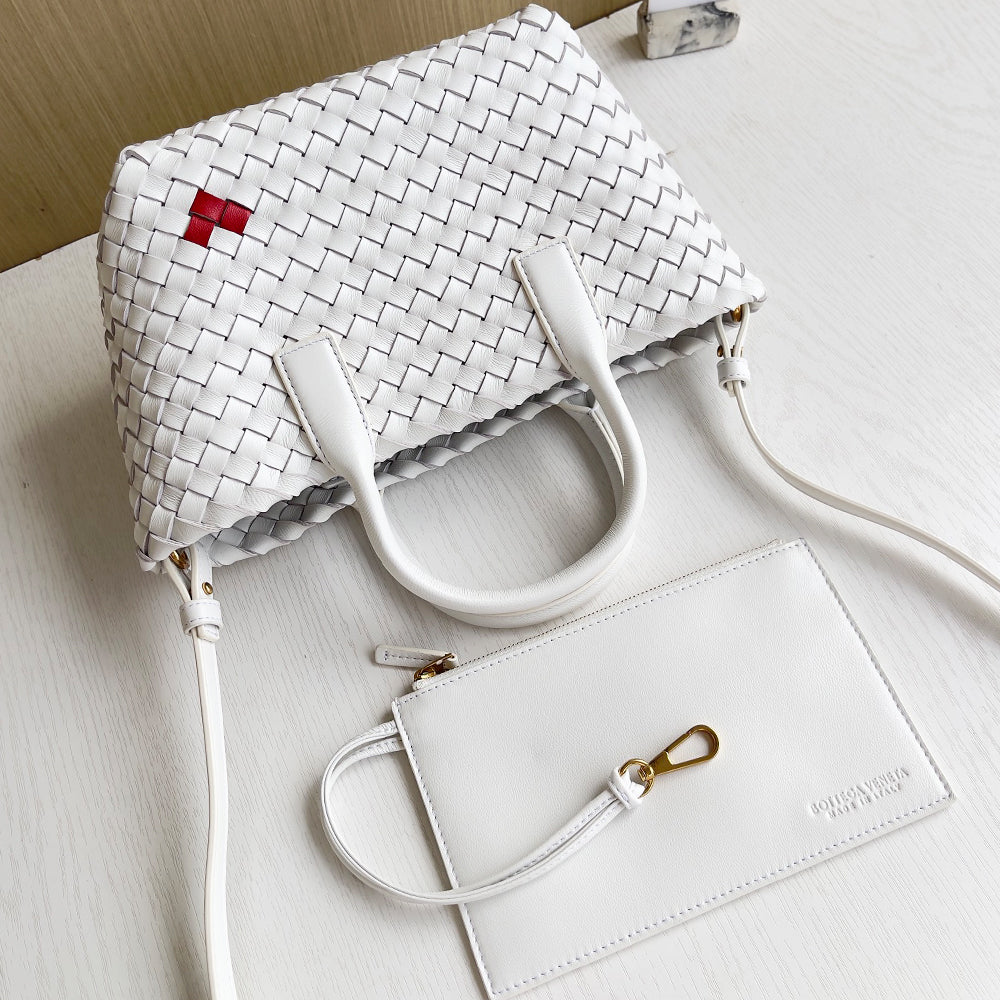 Cabat Mini Woven Lambskin Leather Tote Bag, White