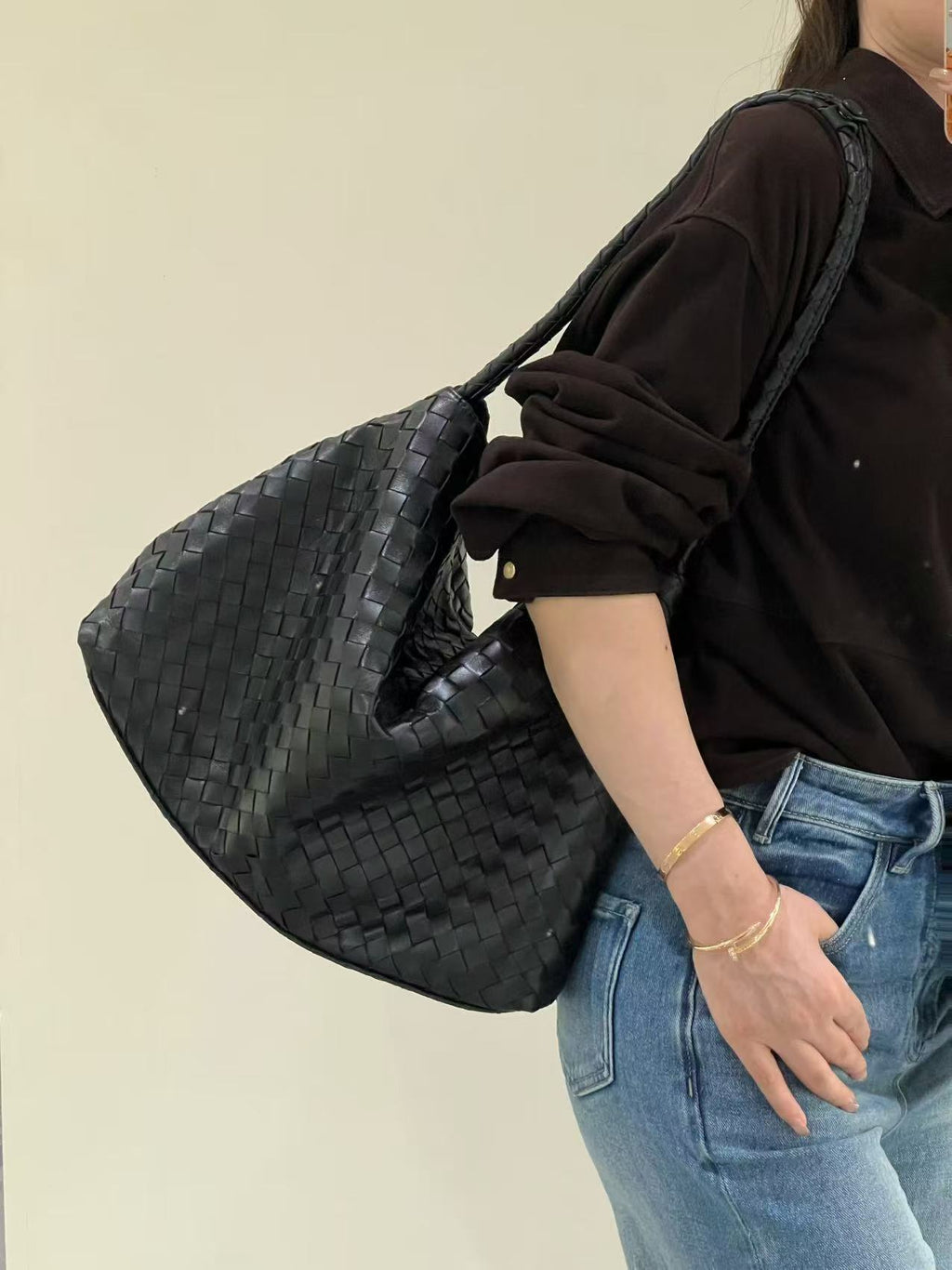 Woven Lambskin Hobo Tote Bag –Large Leather Shoulder Bag