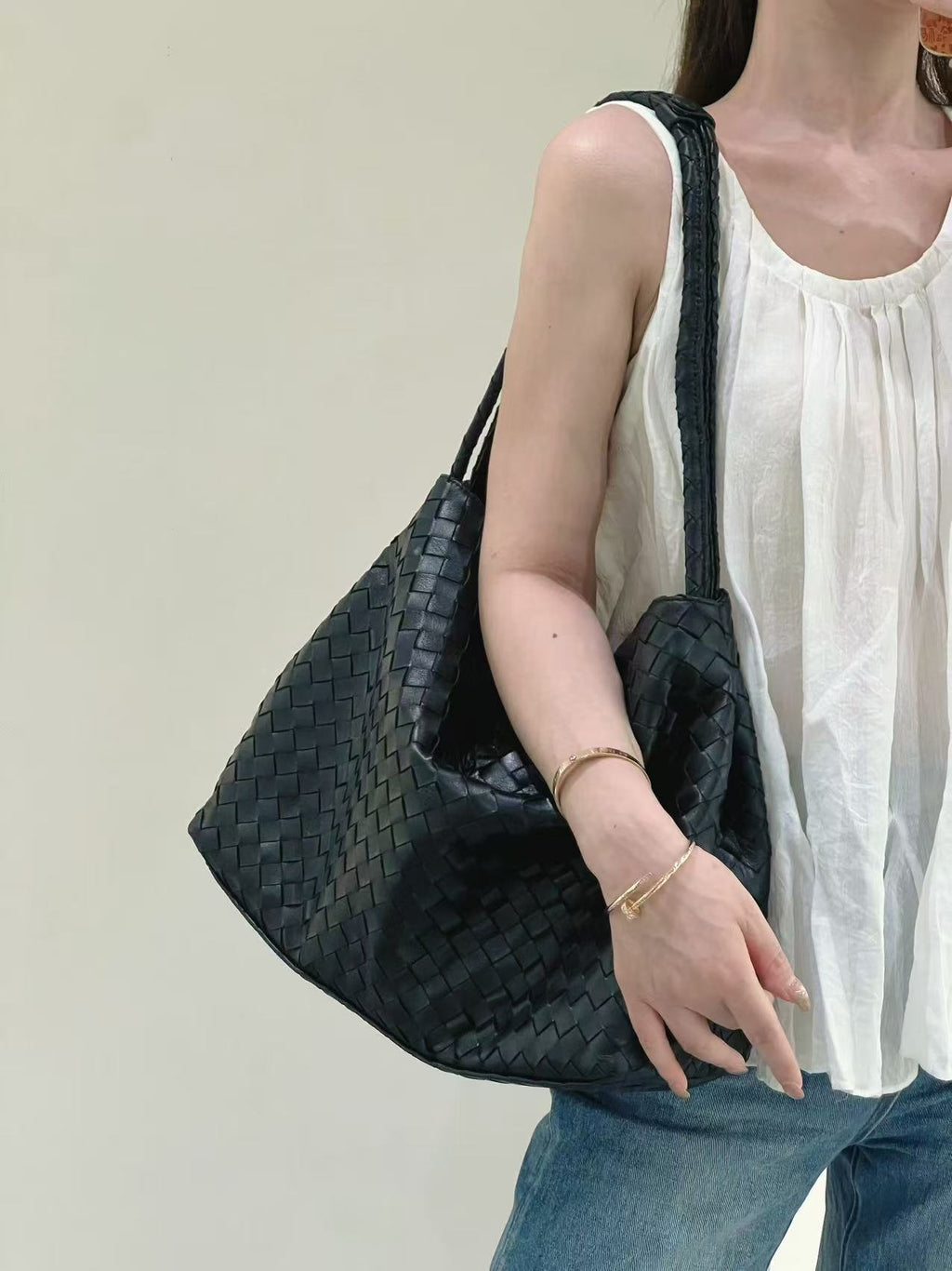 Woven Lambskin Hobo Tote Bag –Large Leather Shoulder Bag