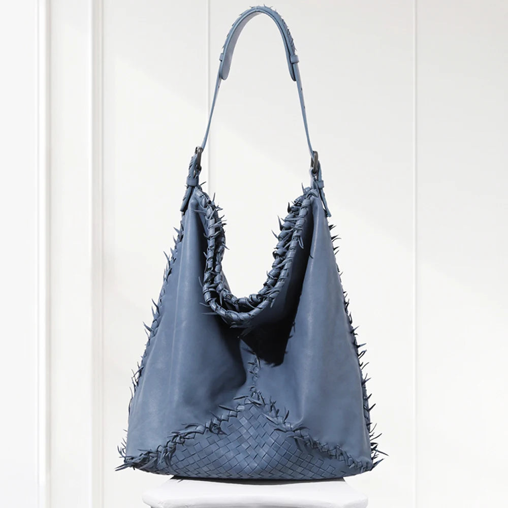 Medium Leather Shoulder Bag | Luxury Blue Genuine Leather Handbag