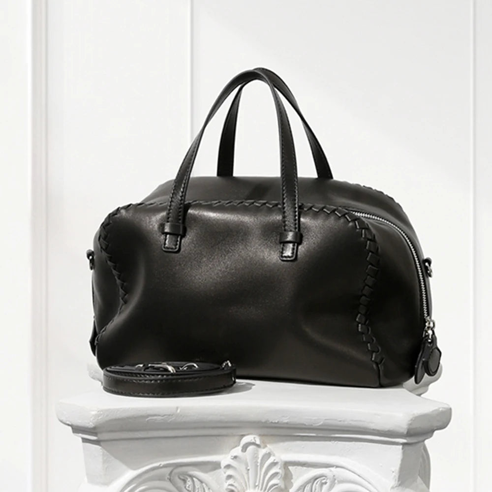 Luxury Line Semi-Shoulder Boston Bag,Black