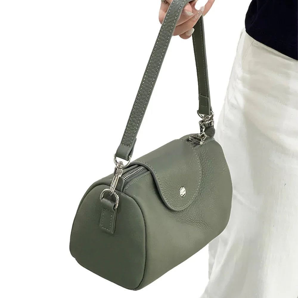 Mini Barrel Shoulder Bag – 100% Calfskin Leather Handbag for Women
