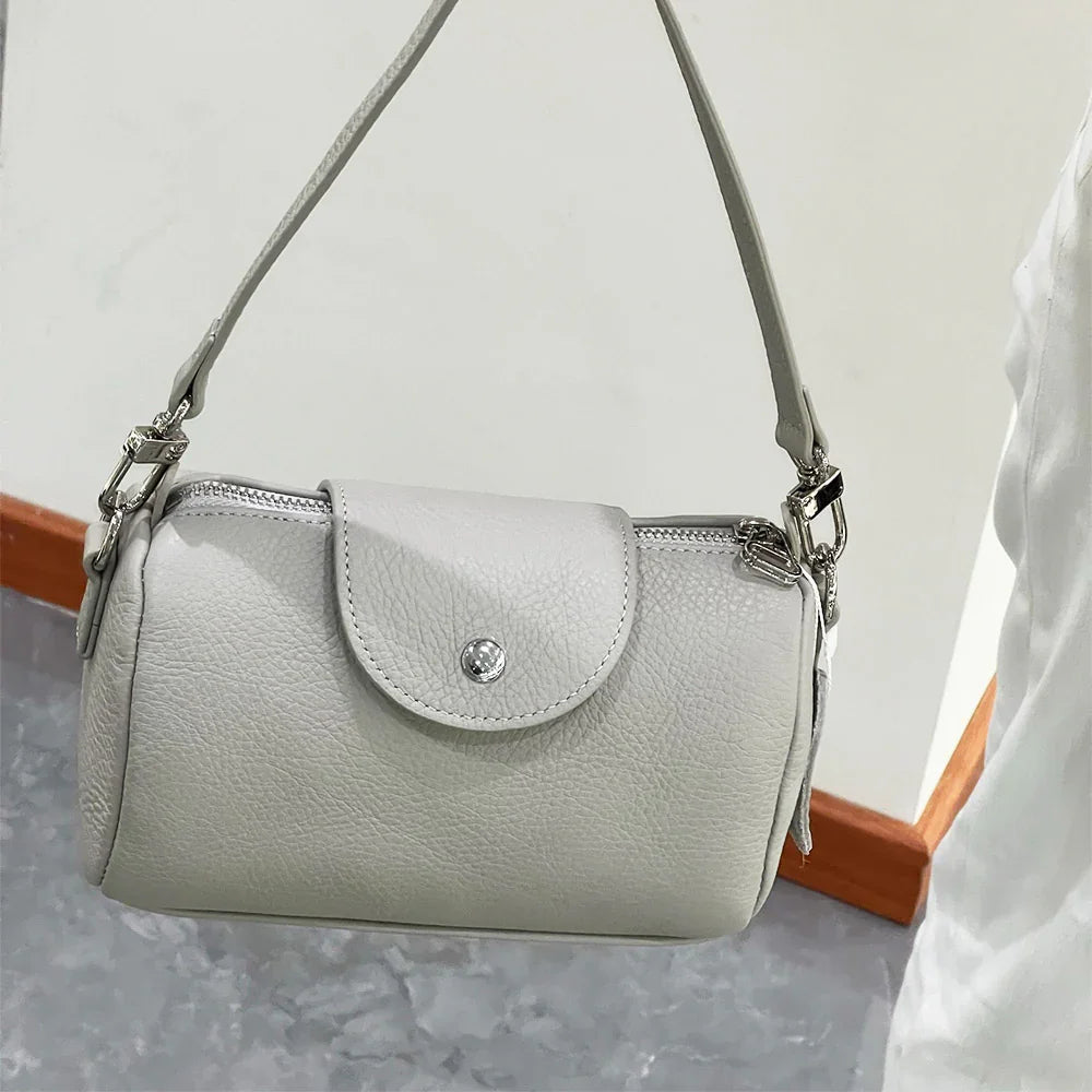 Mini Barrel Shoulder Bag – 100% Calfskin Leather Handbag for Women