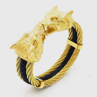 Viking Jewelry Wolf Heads Twisted Cable Open Cuff Bangle Bracelet For Men