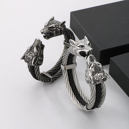 Viking Jewelry Wolf Heads Twisted Cable Open Cuff Bangle Bracelet For Men