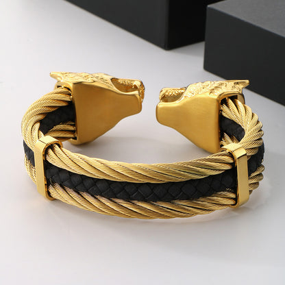 Viking Jewelry Wolf Heads Twisted Cable Open Cuff Bangle Bracelet For Men