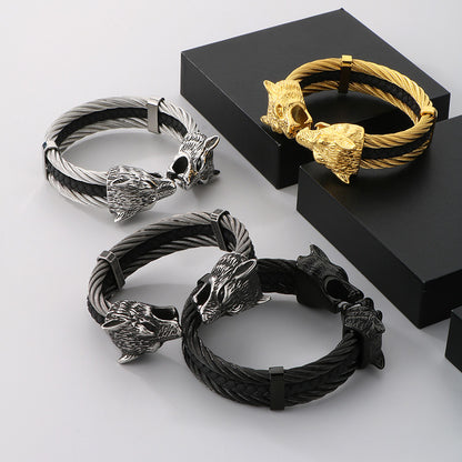 Viking Jewelry Wolf Heads Twisted Cable Open Cuff Bangle Bracelet For Men