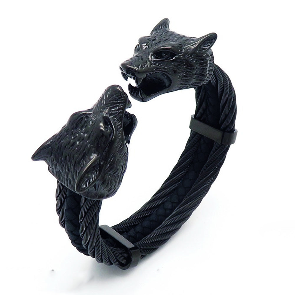 Viking Jewelry Wolf Heads Twisted Cable Open Cuff Bangle Bracelet For Men