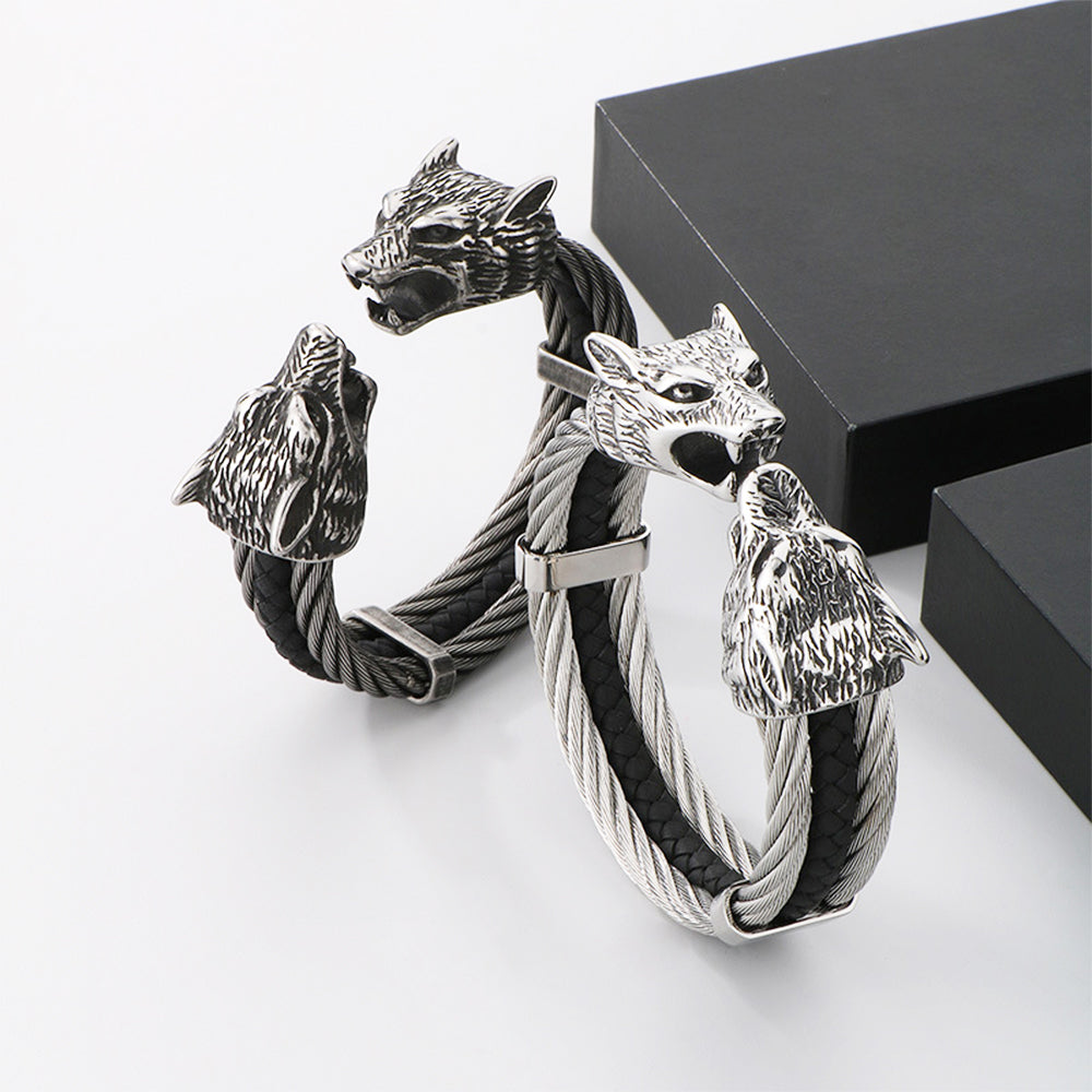 Viking Jewelry Wolf Heads Twisted Cable Open Cuff Bangle Bracelet For Men