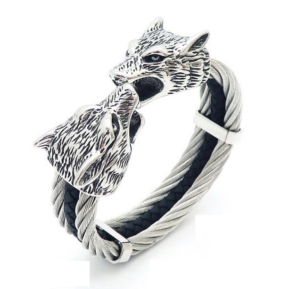 Viking Wolf Head Cuff Bracelet | Twisted Cable Bangle for Men – Bold Norse Jewelry