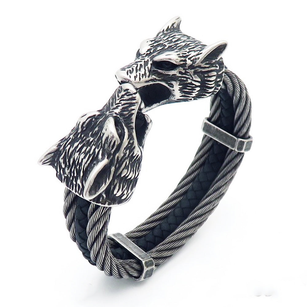 Viking Jewelry Wolf Heads Twisted Cable Open Cuff Bangle Bracelet For Men