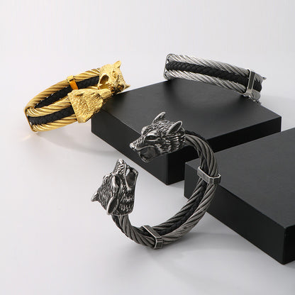 Viking Jewelry Wolf Heads Twisted Cable Open Cuff Bangle Bracelet For Men