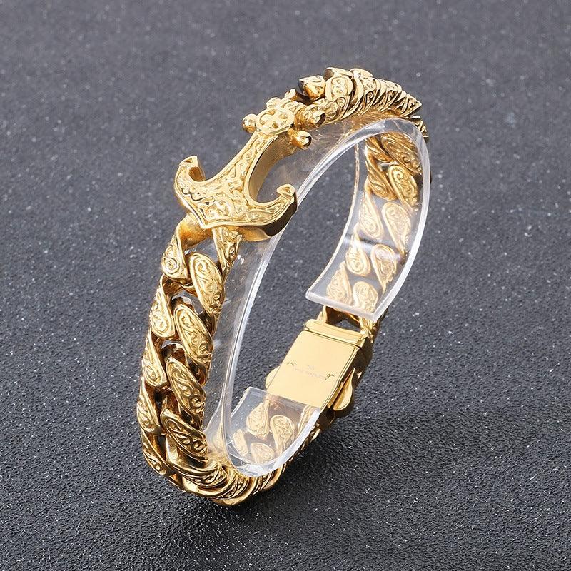 Men's Vintage Caribbean Pirate Bracelet | Tribal Tattoo Curb Chain in Retro Style，Gold