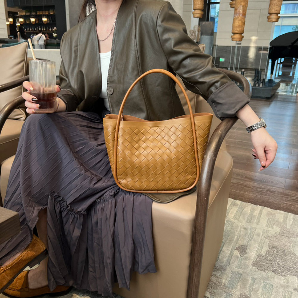 Elegant Woven Genuine Leather Basket Bag