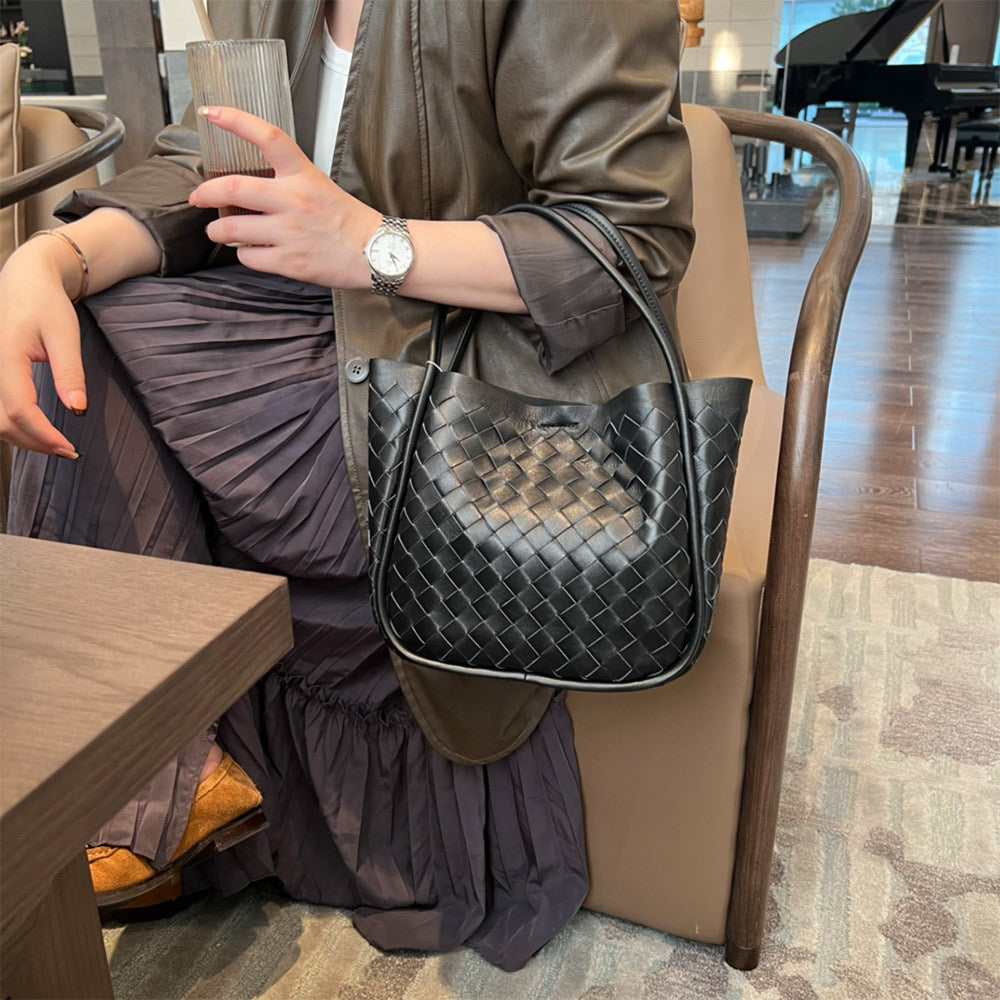 Elegant Woven Genuine Leather Basket Bag