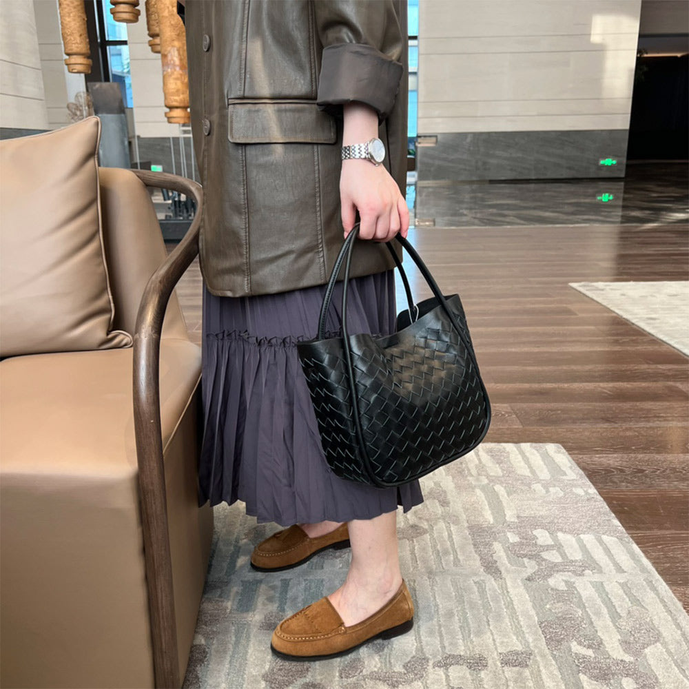 Elegant Woven Genuine Leather Basket Bag