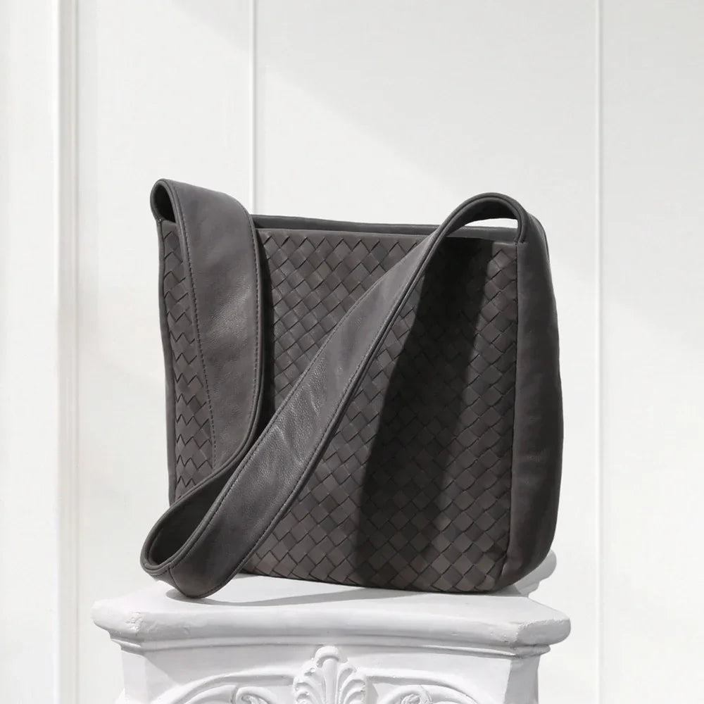 Side view of lightweight woven leather bag showing 60° alternating weave