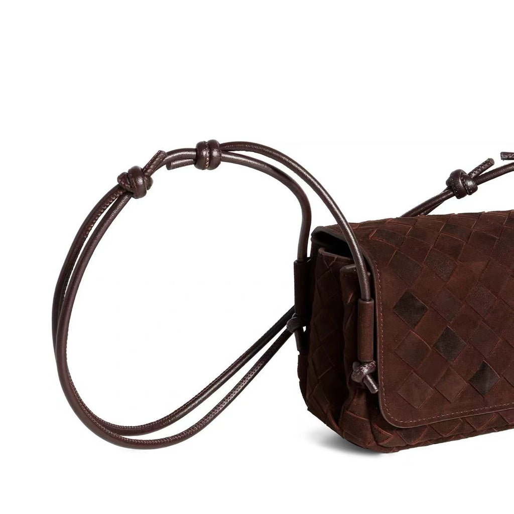 Chocolate Brown Woven Genuine Suede Leather Shoulder Bag