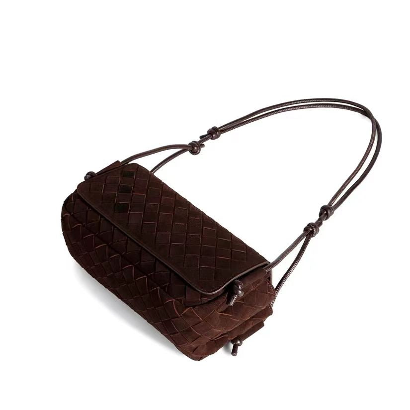 Chocolate Brown Woven Genuine Suede Leather Shoulder Bag