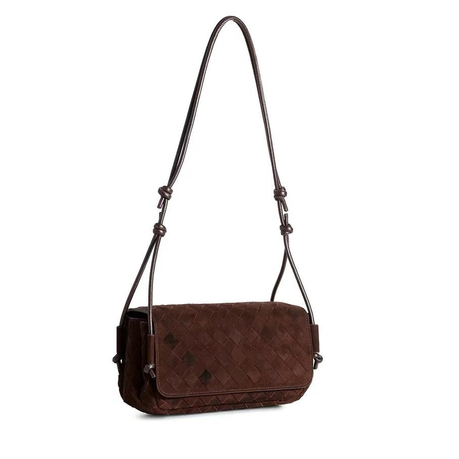Chocolate Brown Woven Genuine Suede Leather Shoulder Bag