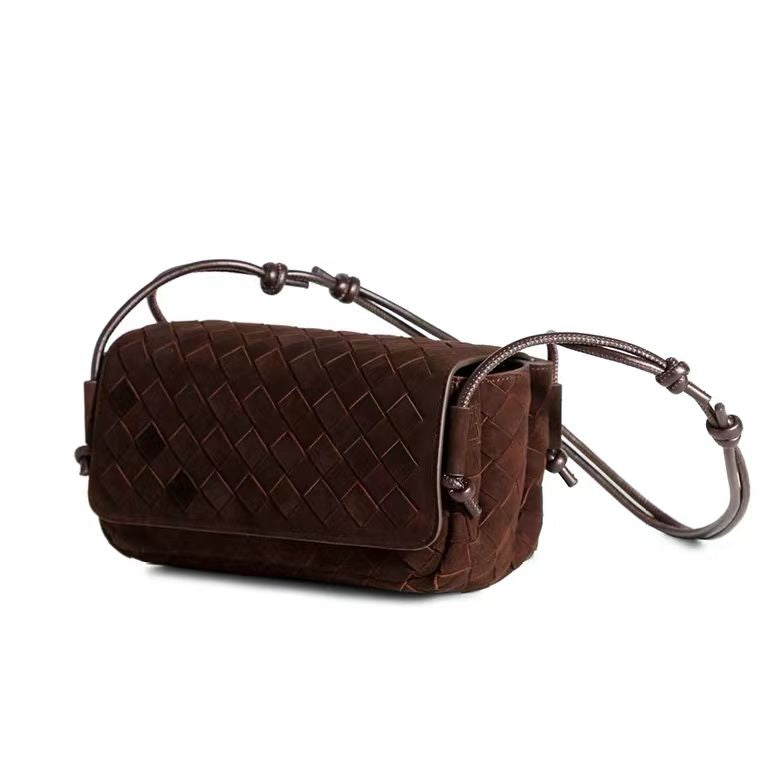 Chocolate Brown Woven Genuine Suede Leather Shoulder Bag