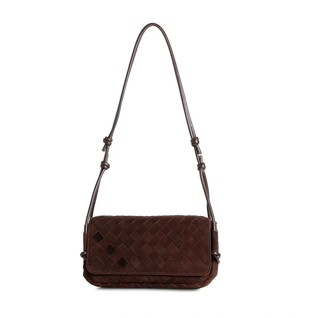 Chocolate Brown Woven Genuine Suede Leather Shoulder Bag