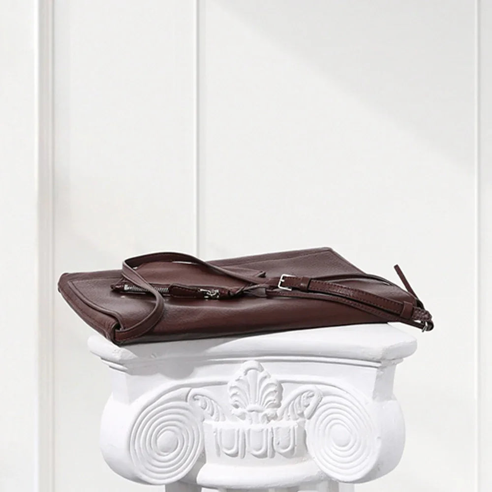 Minimalist Rectangular Leather Shoulder Bag Classic Everyday Tote for Women,Dark Brown