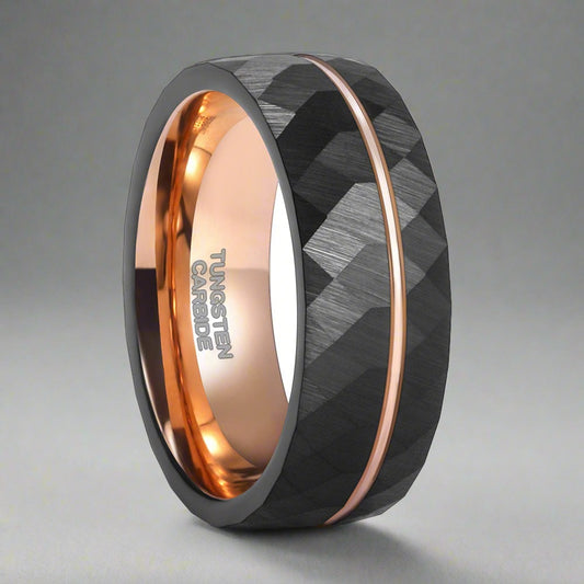 Couple Black Tungsten Rings 8mm - Hammered Facet, Brushed, Rose Gold Stripe Wedding Bands