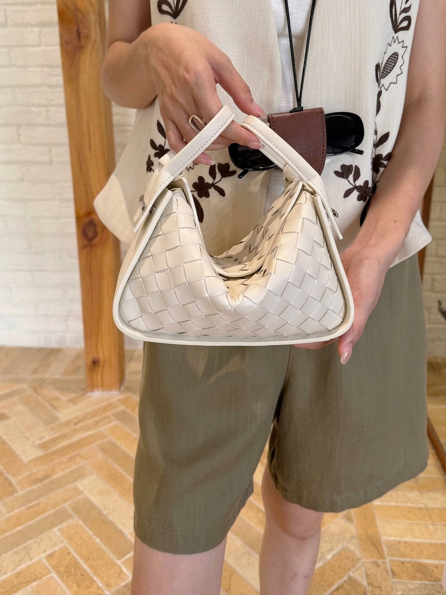 Small Genuine White Woven Leather Handbag for Women