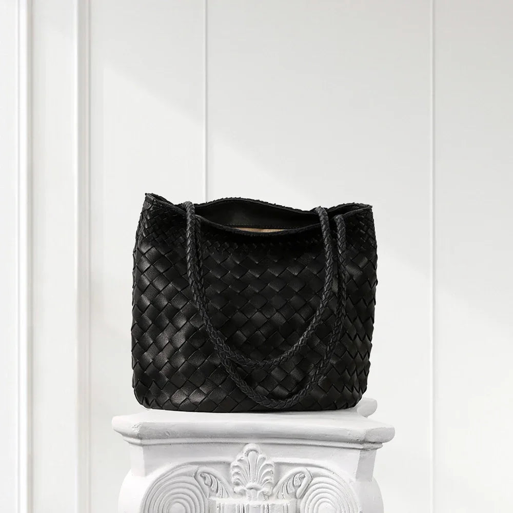 Black textured leather structured tote handbag – luxury fashion accessory