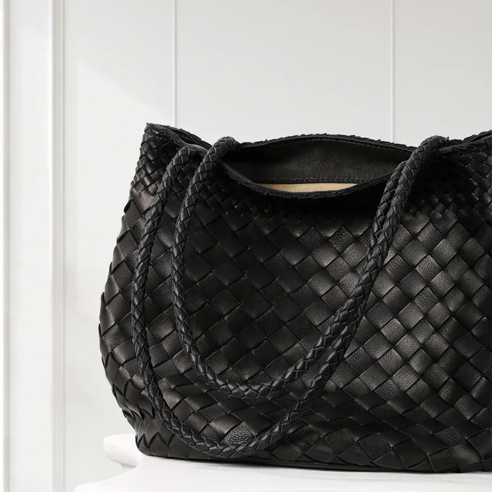 Black textured leather structured tote handbag – luxury fashion accessory