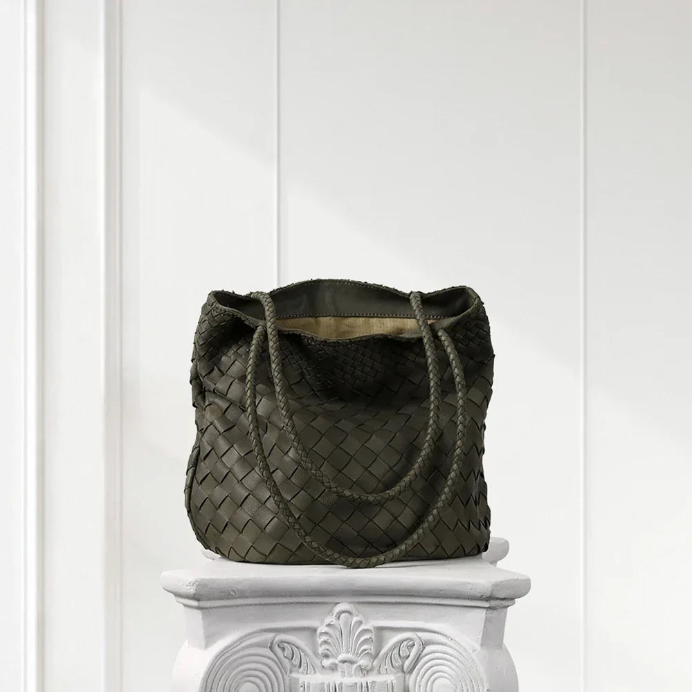 Green textured leather structured tote handbag – luxury fashion accessory