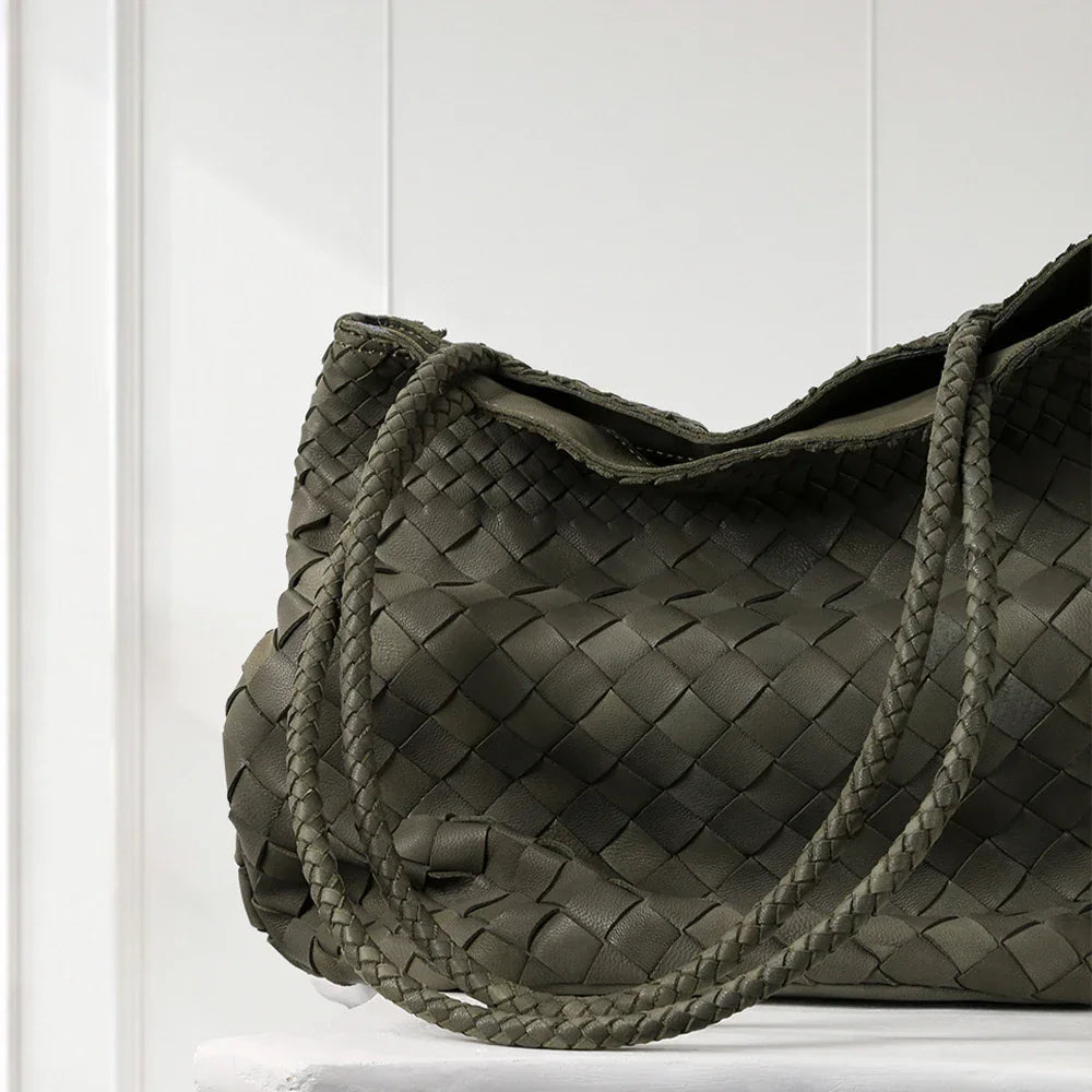 Green textured leather structured tote handbag – luxury fashion accessory