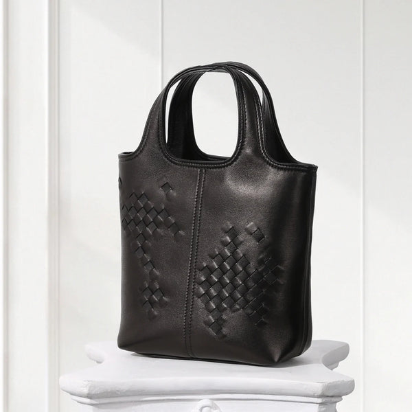 Black Woven Leather Mini Tote Bag Minimalist Handle Purse