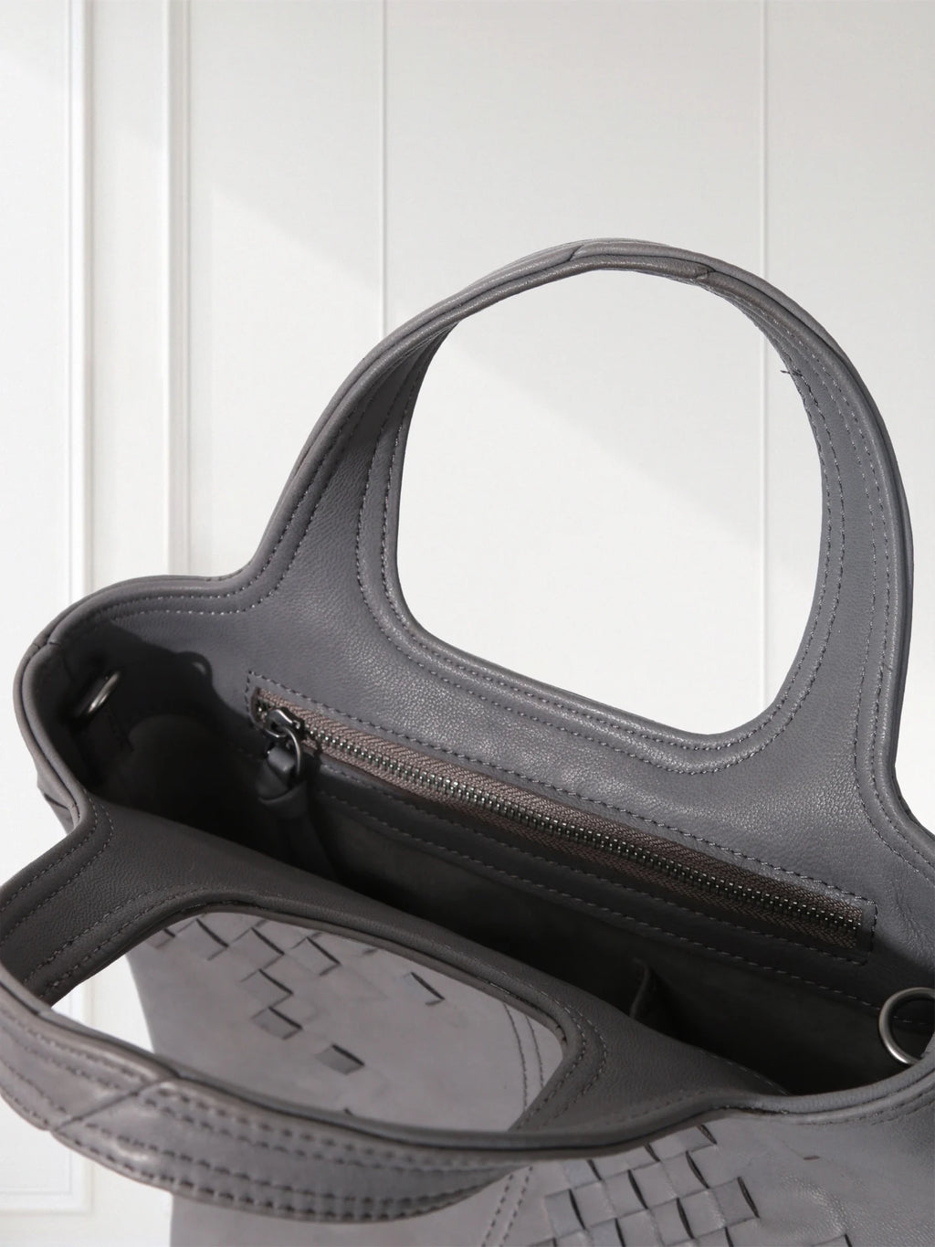 Black Woven Leather Mini Tote Bag Minimalist Handle Purse