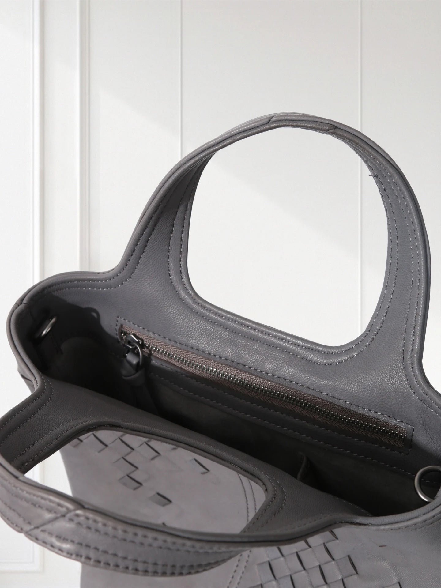 Black Woven Leather Mini Tote Bag Minimalist Handle Purse