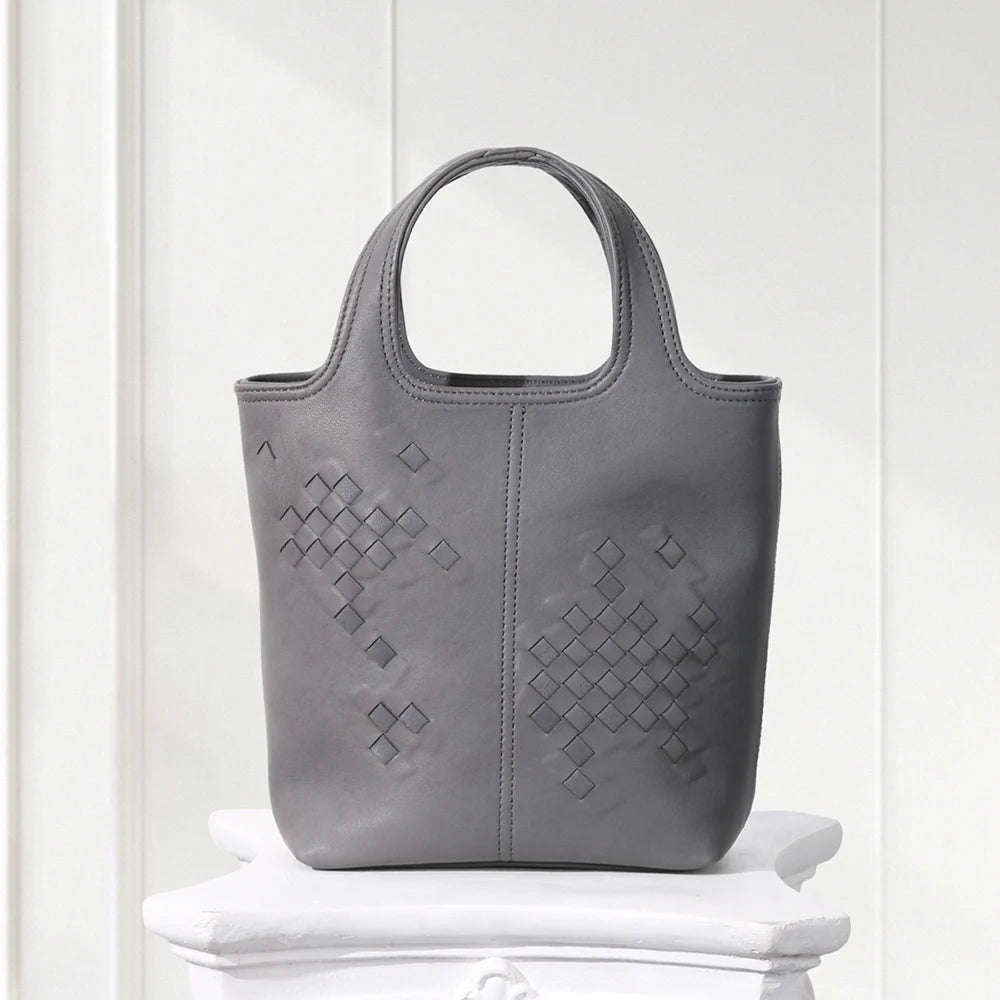 Black Woven Leather Mini Tote Bag Minimalist Handle Purse