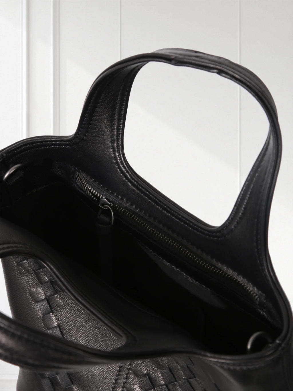 Black Woven Leather Mini Tote Bag Minimalist Handle Purse