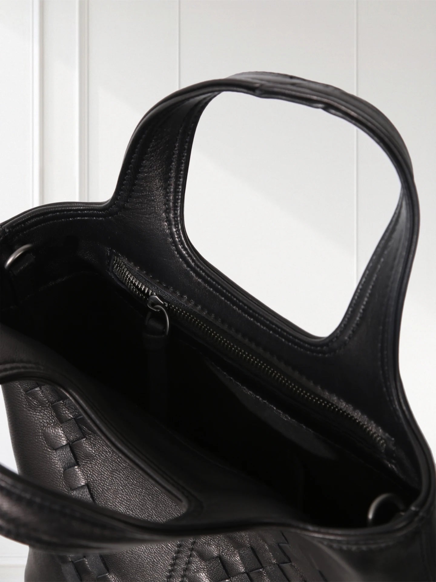 Black Woven Leather Mini Tote Bag Minimalist Handle Purse